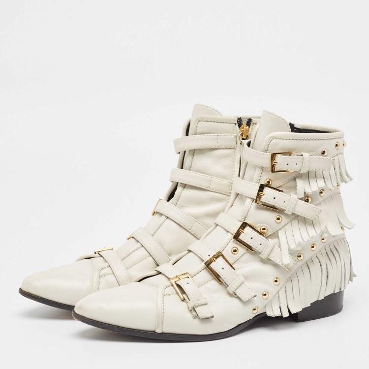 Pre Owned Giuseppe Zanotti Cream Leather Studded and Fringed Buckled Ankle Boots Size 39