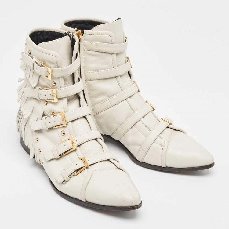 Pre Owned Giuseppe Zanotti Cream Leather Studded and Fringed Buckled Ankle Boots Size 39