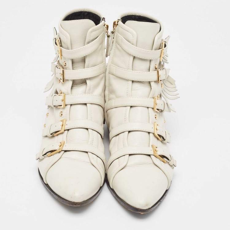 Pre Owned Giuseppe Zanotti Cream Leather Studded and Fringed Buckled Ankle Boots Size 39