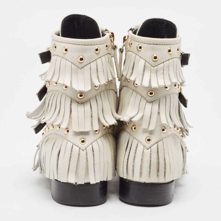 Pre Owned Giuseppe Zanotti Cream Leather Studded and Fringed Buckled Ankle Boots Size 39