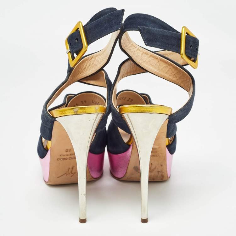 Pre Owned Giuseppe Zanotti Multicolor Suede and Leather Platform Sandals Size 39