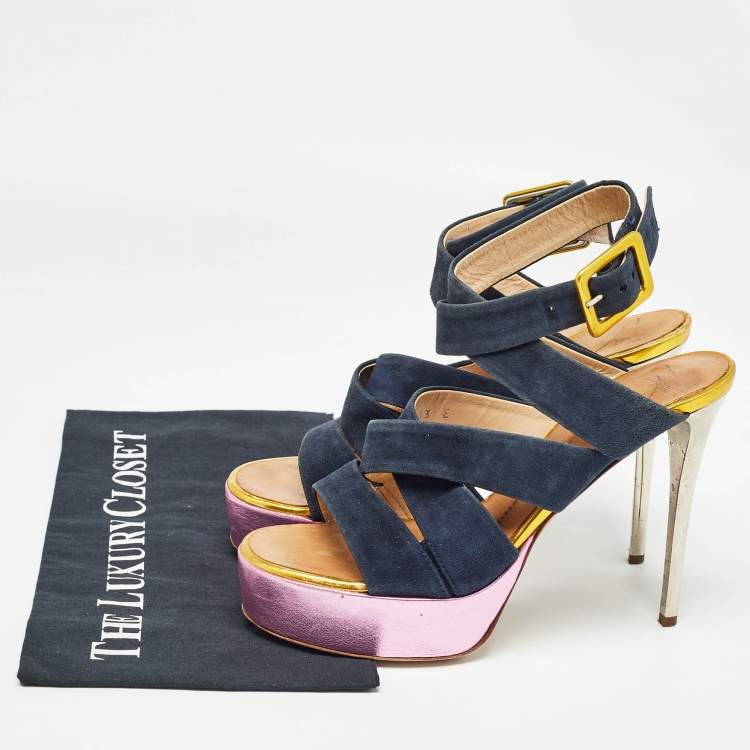 Pre Owned Giuseppe Zanotti Multicolor Suede and Leather Platform Sandals Size 39