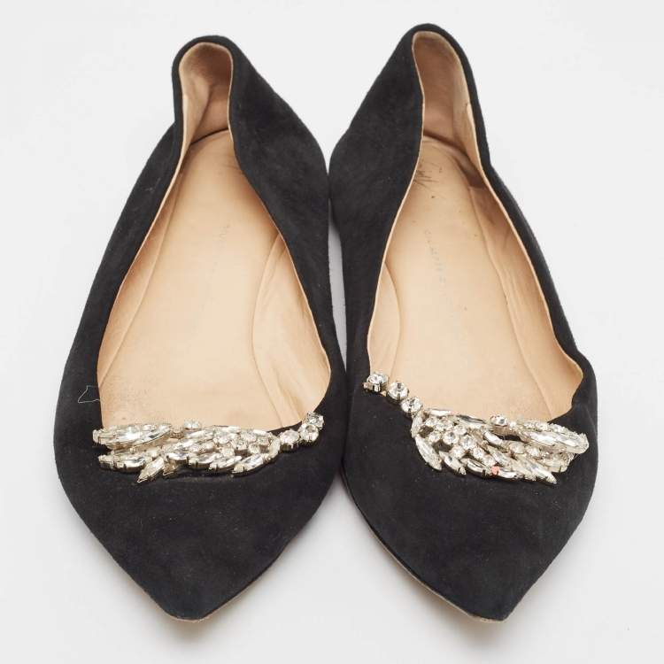 Pre Owned Giuseppe Zanotti Black Suede Crystal Embellished Ballet Flats Size 40