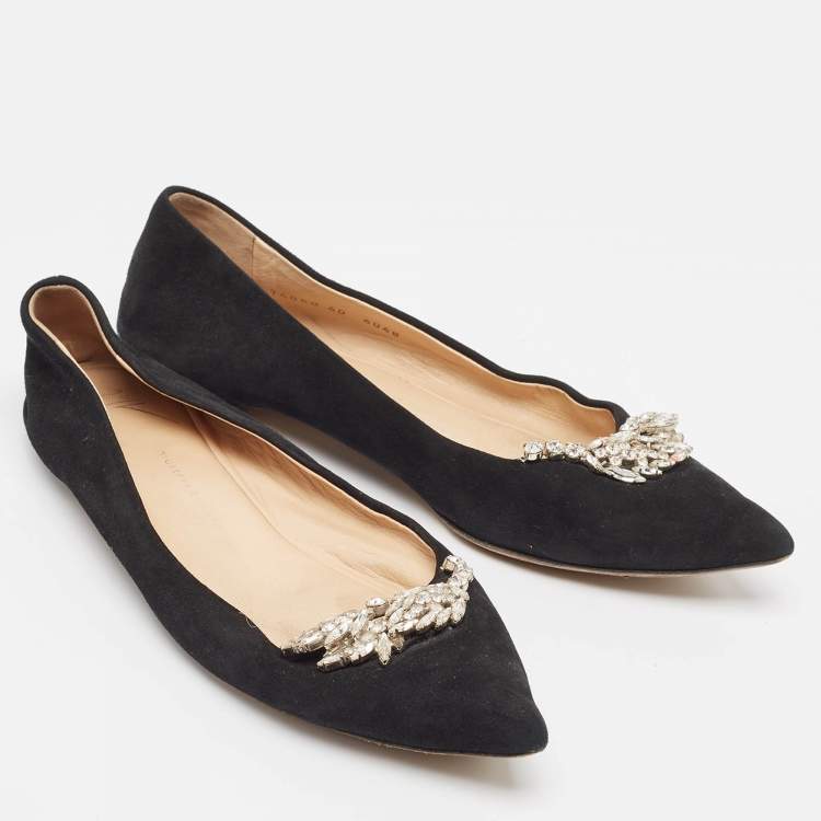 Pre Owned Giuseppe Zanotti Black Suede Crystal Embellished Ballet Flats Size 40