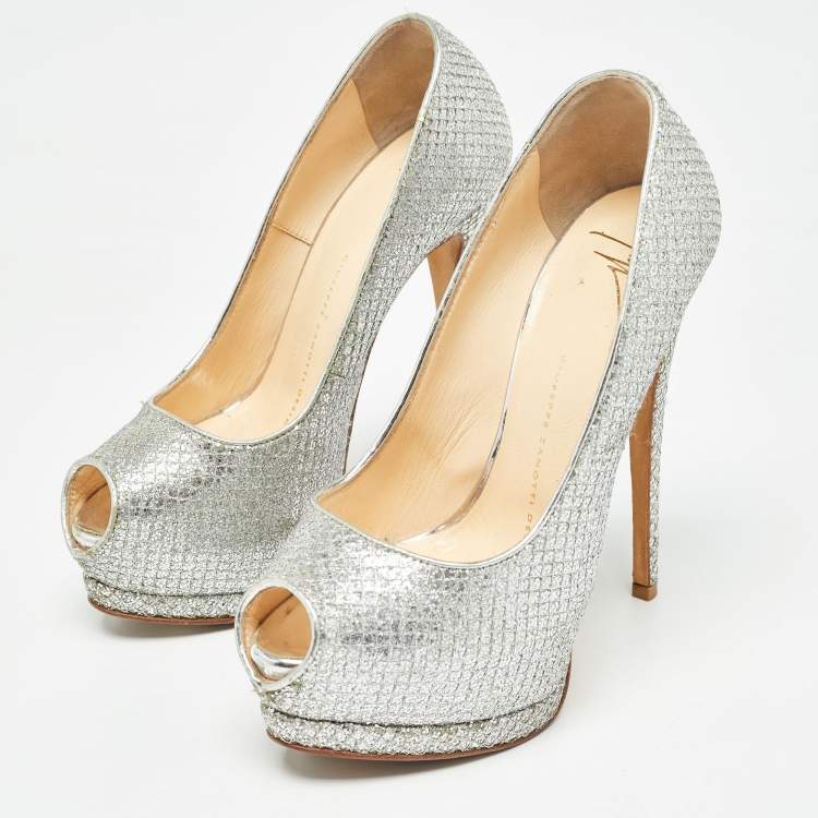 Pre Owned Giuseppe Zanotti Silver Glitter Fabric Sharon Pumps Size 36