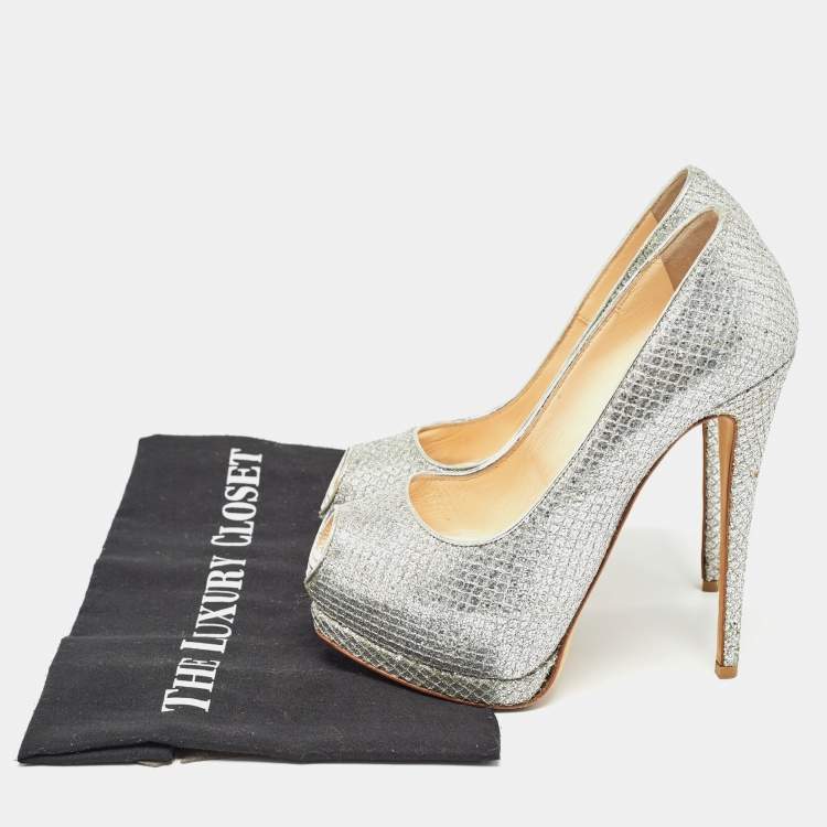Pre Owned Giuseppe Zanotti Silver Glitter Fabric Sharon Pumps Size 36
