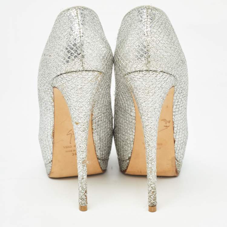 Pre Owned Giuseppe Zanotti Silver Glitter Fabric Sharon Pumps Size 36