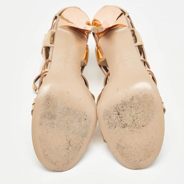Pre Owned Giuseppe Zanotti Rose Gold Leather Caged Sandals Size 37.5