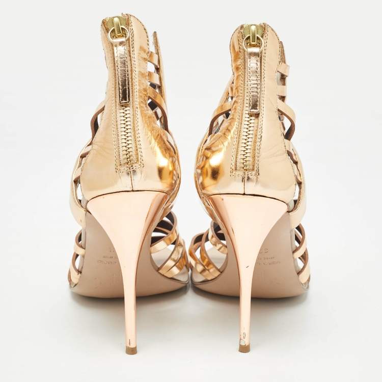 Pre Owned Giuseppe Zanotti Rose Gold Leather Caged Sandals Size 37.5
