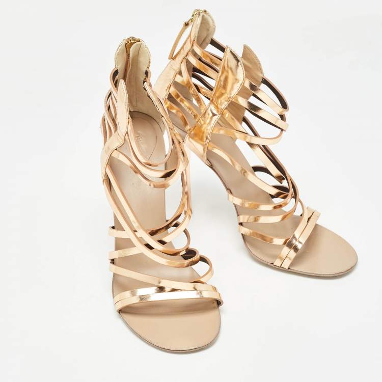 Pre Owned Giuseppe Zanotti Rose Gold Leather Caged Sandals Size 37.5