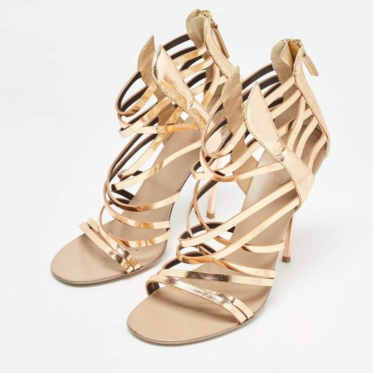 Pre Owned Giuseppe Zanotti Rose Gold Leather Caged Sandals Size 37.5