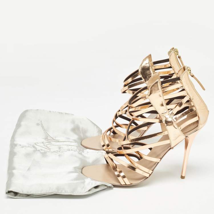 Pre Owned Giuseppe Zanotti Rose Gold Leather Caged Sandals Size 37.5