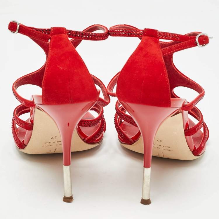 Pre Owned Giuseppe Zanotti Red Crystal Embellished Suede Strappy Sandals Size 37