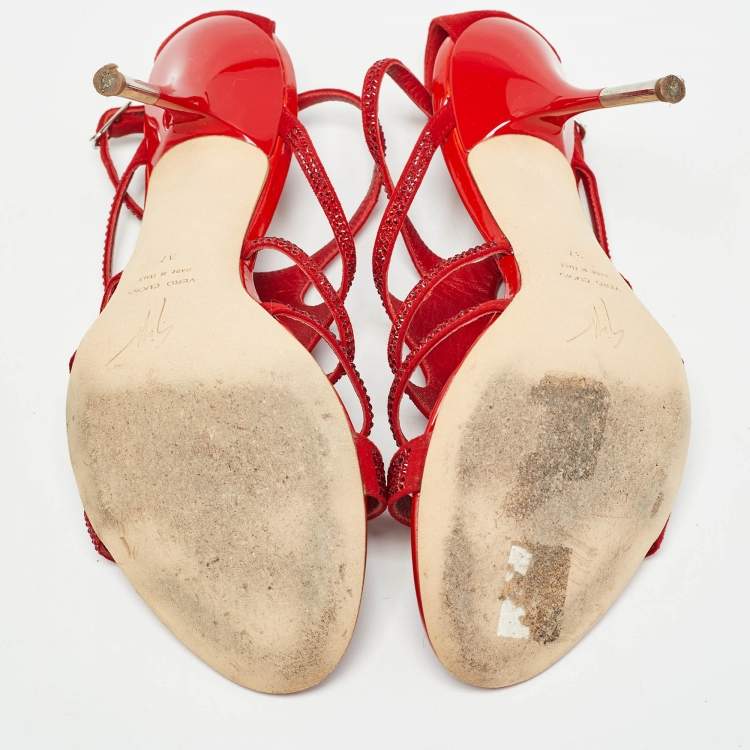 Pre Owned Giuseppe Zanotti Red Crystal Embellished Suede Strappy Sandals Size 37