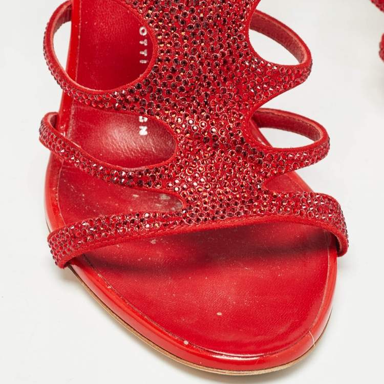 Pre Owned Giuseppe Zanotti Red Crystal Embellished Suede Strappy Sandals Size 37