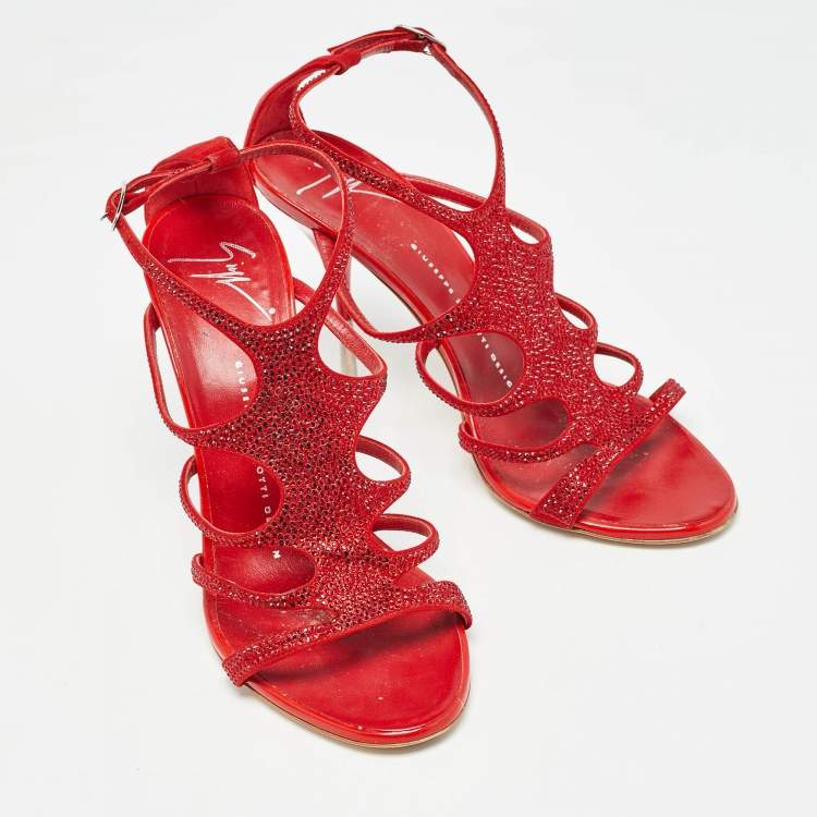 Pre Owned Giuseppe Zanotti Red Crystal Embellished Suede Strappy Sandals Size 37