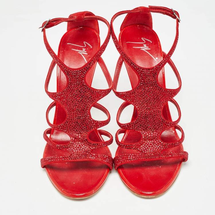 Pre Owned Giuseppe Zanotti Red Crystal Embellished Suede Strappy Sandals Size 37