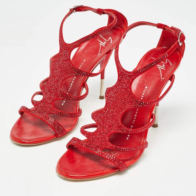 Pre Owned Giuseppe Zanotti Red Crystal Embellished Suede Strappy Sandals Size 37
