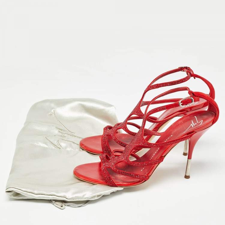 Pre Owned Giuseppe Zanotti Red Crystal Embellished Suede Strappy Sandals Size 37