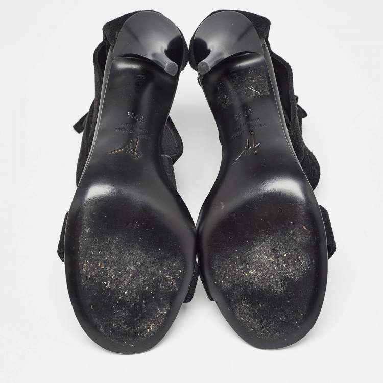Pre Owned Giuseppe Zanotti Black Suede Crystal Embellished T-Bar Ankle Strap Sandals Size 37.5