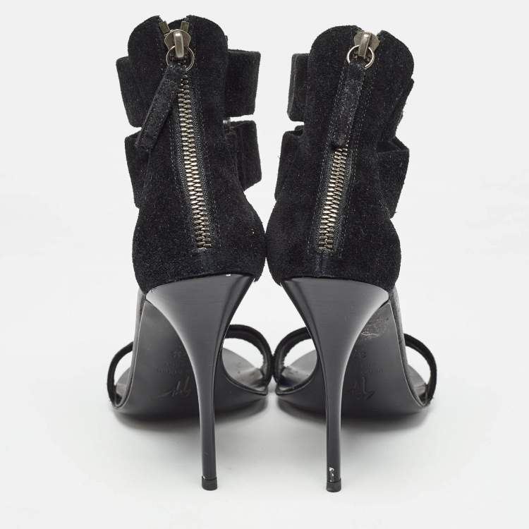Pre Owned Giuseppe Zanotti Black Suede Crystal Embellished T-Bar Ankle Strap Sandals Size 37.5