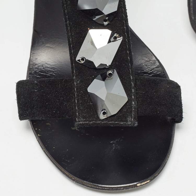 Pre Owned Giuseppe Zanotti Black Suede Crystal Embellished T-Bar Ankle Strap Sandals Size 37.5