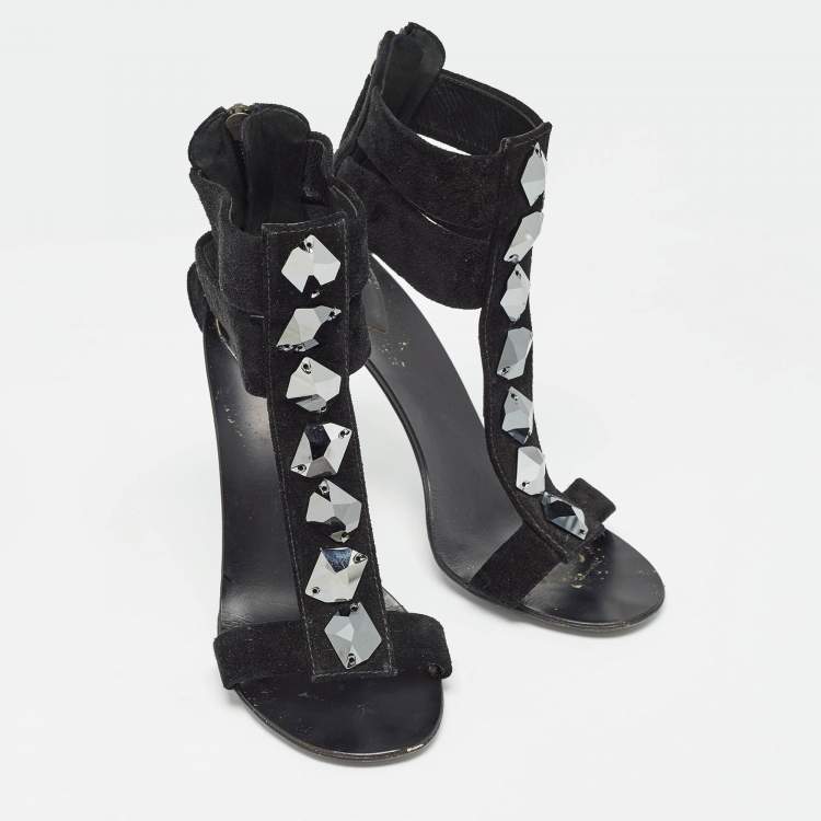 Pre Owned Giuseppe Zanotti Black Suede Crystal Embellished T-Bar Ankle Strap Sandals Size 37.5