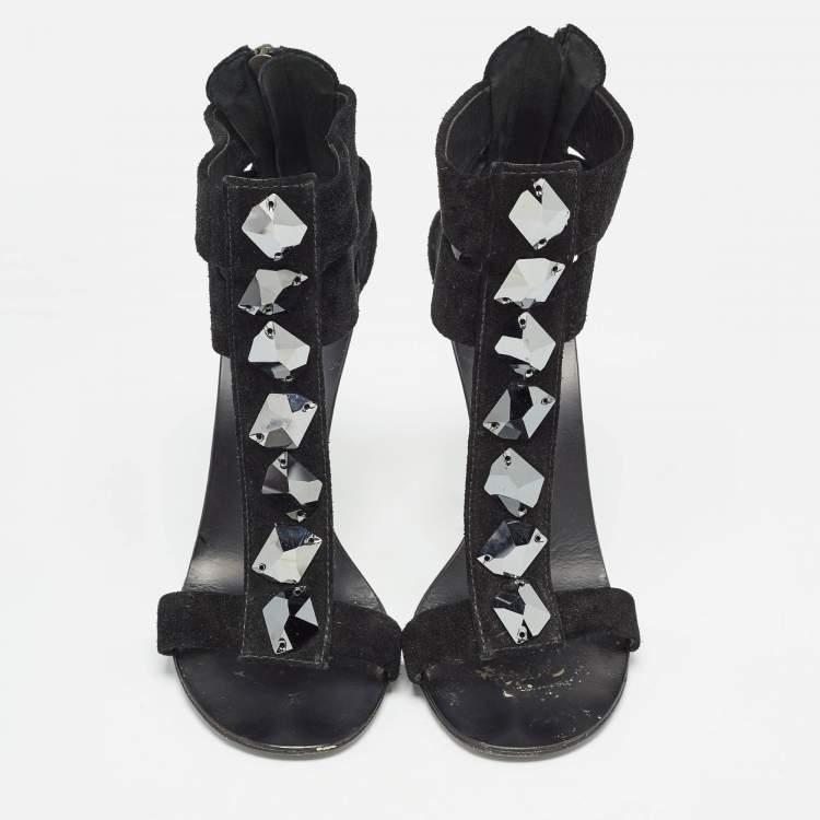 Pre Owned Giuseppe Zanotti Black Suede Crystal Embellished T-Bar Ankle Strap Sandals Size 37.5