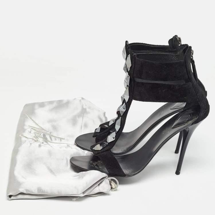 Pre Owned Giuseppe Zanotti Black Suede Crystal Embellished T-Bar Ankle Strap Sandals Size 37.5