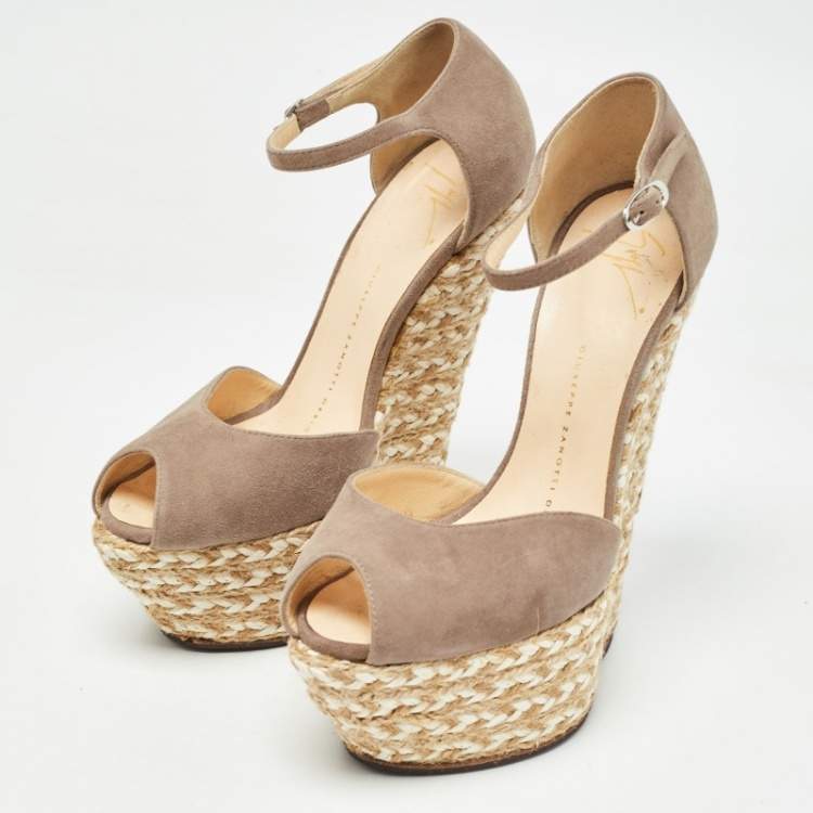 Pre Owned Giuseppe Zanotti Beige Suede Wedges Peep Toe Espadrille Size 36