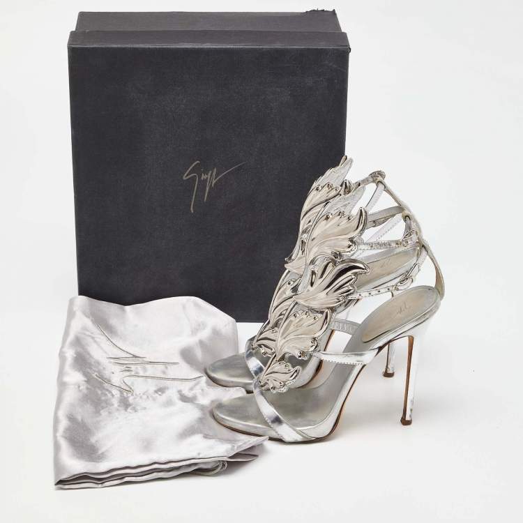 Pre Owned Giuseppe Zanotti Silver Foil Leather and Metal Cruel Ankle Strap Sandals Size 37