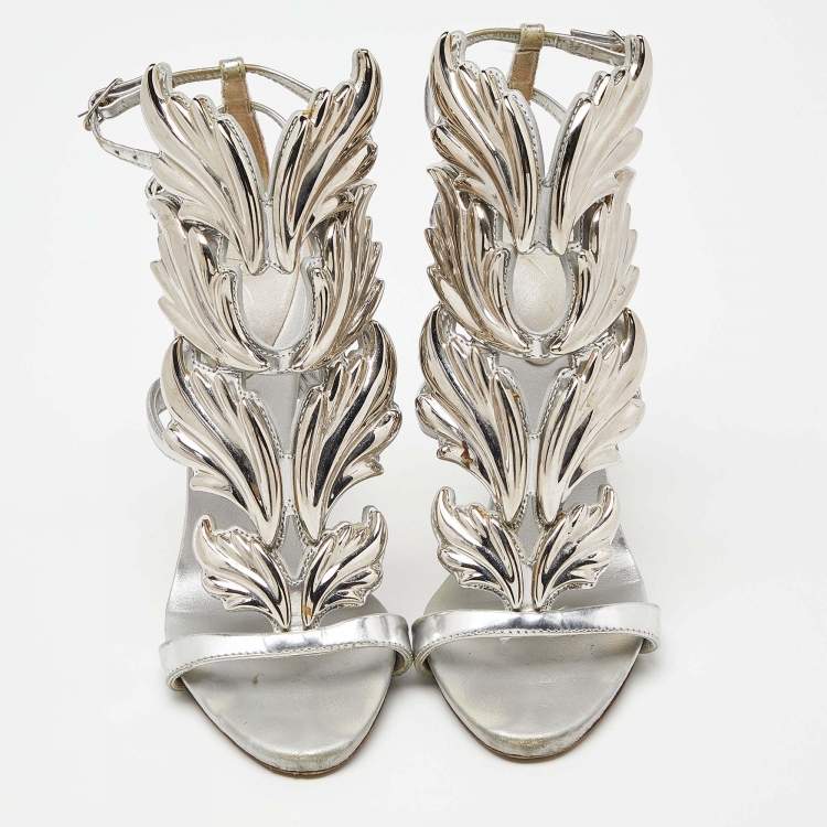 Pre Owned Giuseppe Zanotti Silver Foil Leather and Metal Cruel Ankle Strap Sandals Size 37