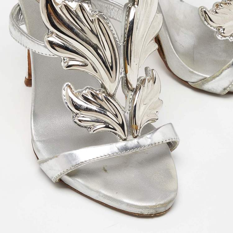Pre Owned Giuseppe Zanotti Silver Foil Leather and Metal Cruel Ankle Strap Sandals Size 37
