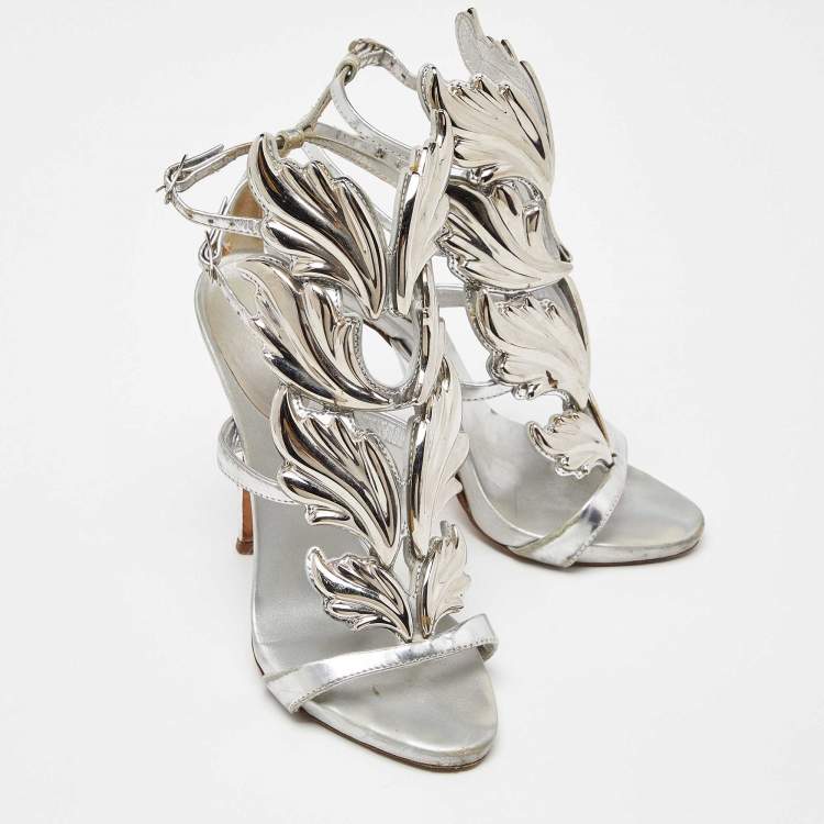 Pre Owned Giuseppe Zanotti Silver Foil Leather and Metal Cruel Ankle Strap Sandals Size 37