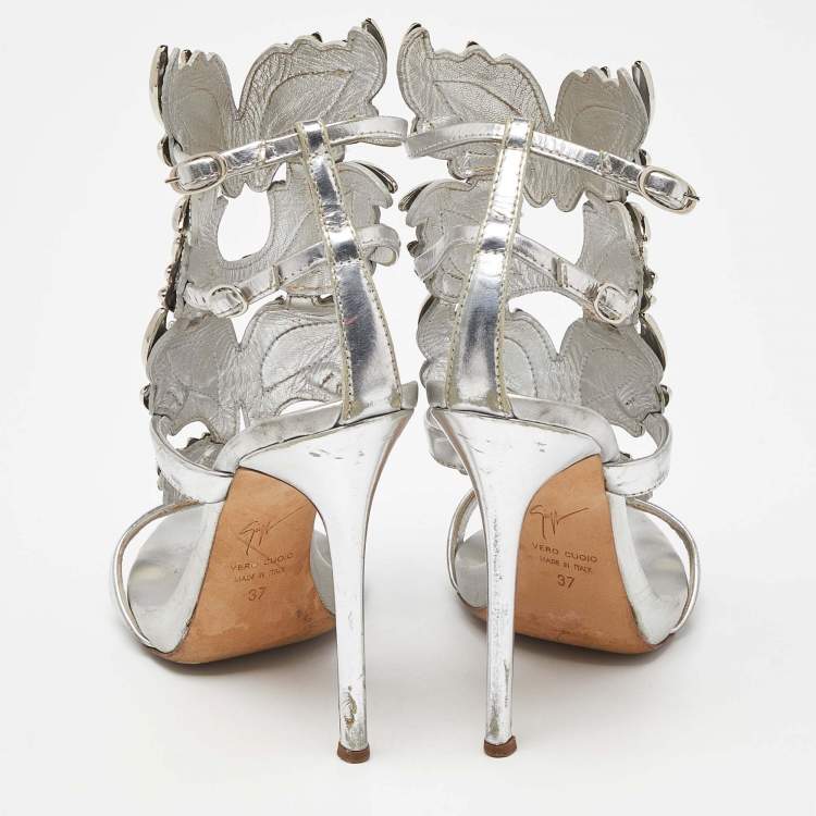Pre Owned Giuseppe Zanotti Silver Foil Leather and Metal Cruel Ankle Strap Sandals Size 37