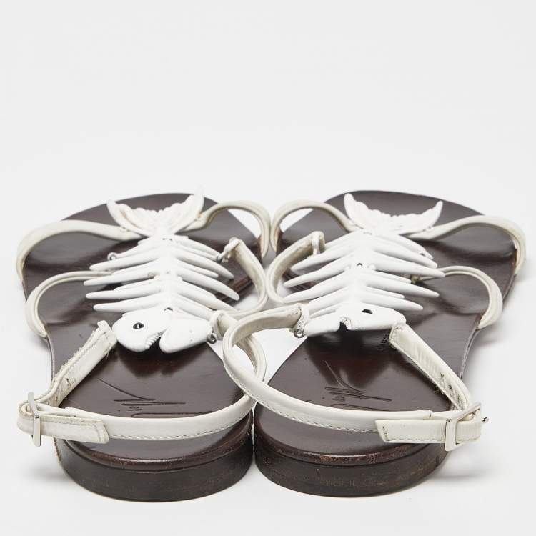 Pre Owned Giuseppe Zanotti White Leather Fishbone Ankle Strap Flat Sandals Size 38