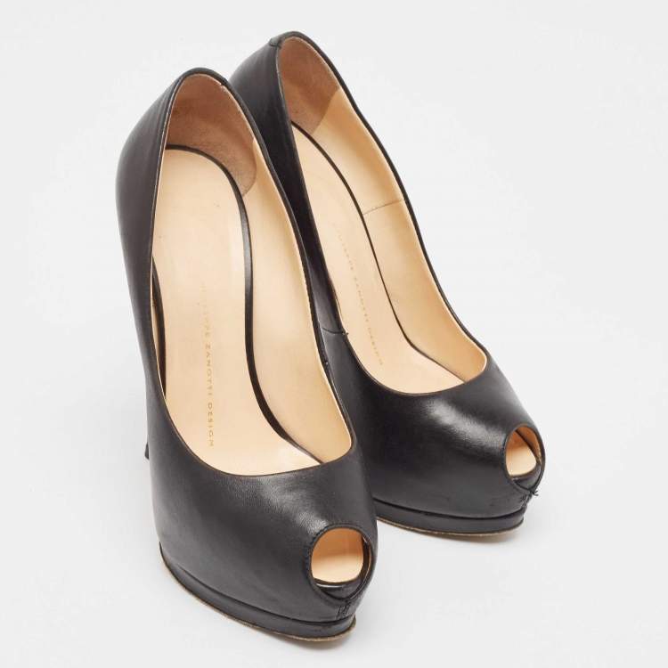 Pre Owned Giuseppe Zanotti Black Leather Peep Toe Pumps Size 37.5