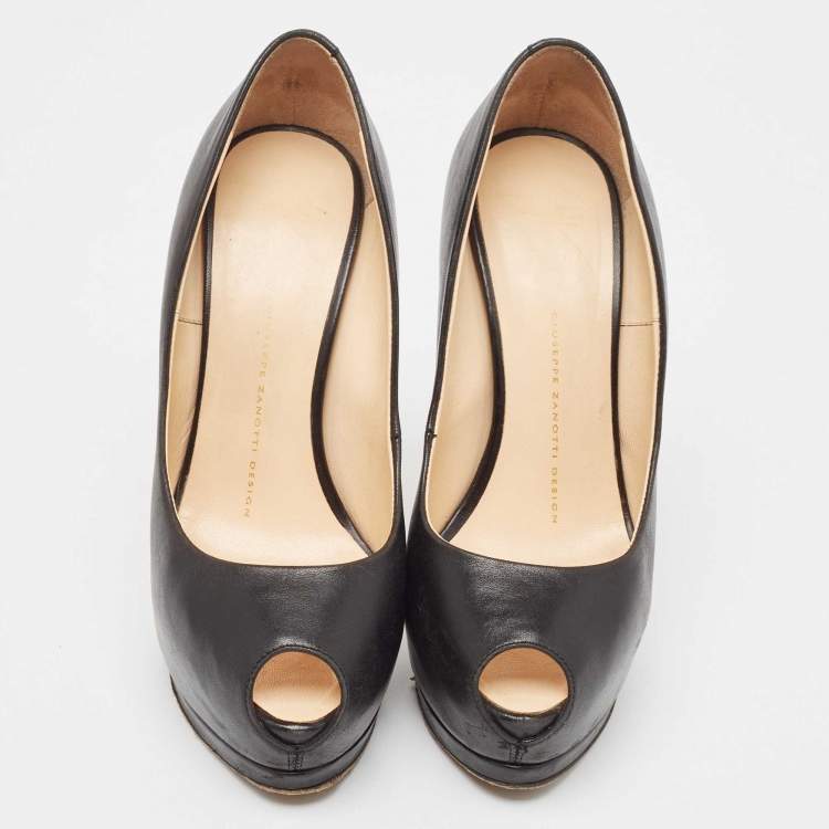 Pre Owned Giuseppe Zanotti Black Leather Peep Toe Pumps Size 37.5