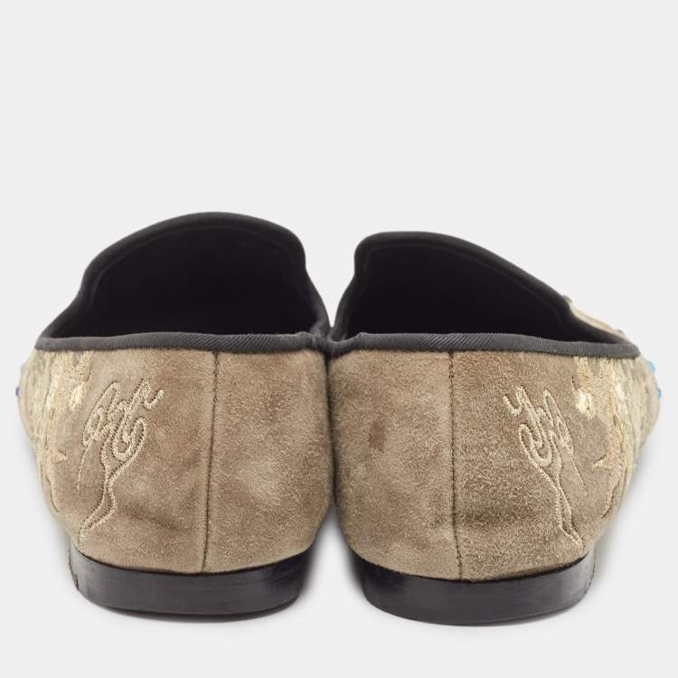 Pre Owned Giuseppe Zanotti Grey Suede Studded Smoking Slippers Size 37.5