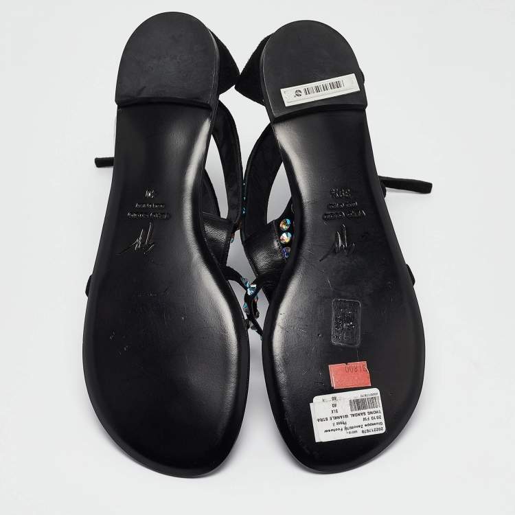 Pre Owned Giuseppe Zanotti Black Crystal Embellished Suede Thong Ankle Cuff Flat Sandals Size 40