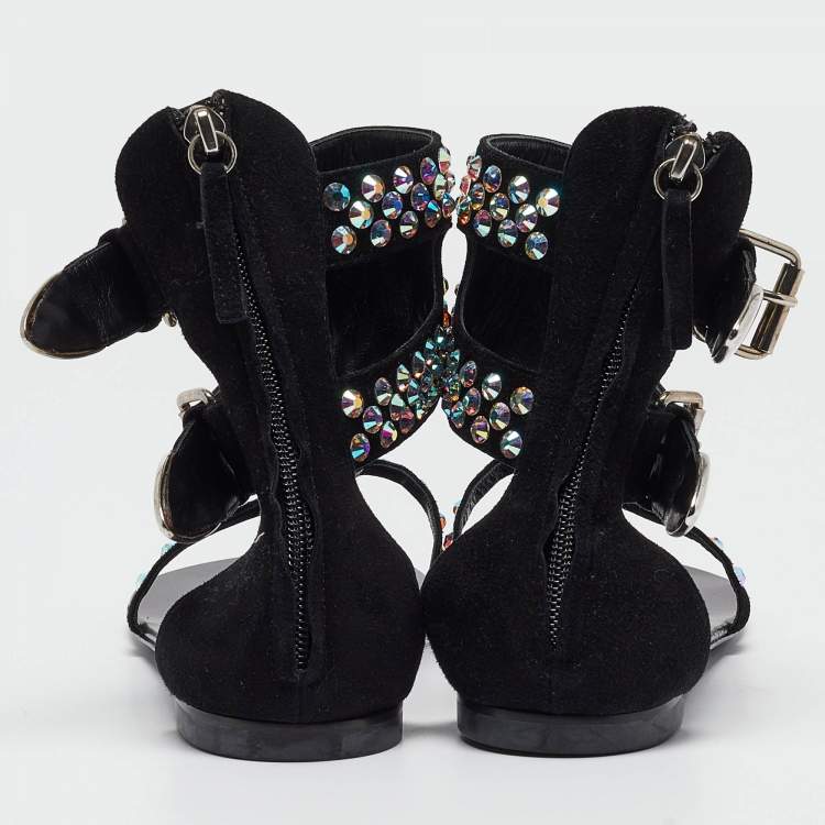 Pre Owned Giuseppe Zanotti Black Crystal Embellished Suede Thong Ankle Cuff Flat Sandals Size 40