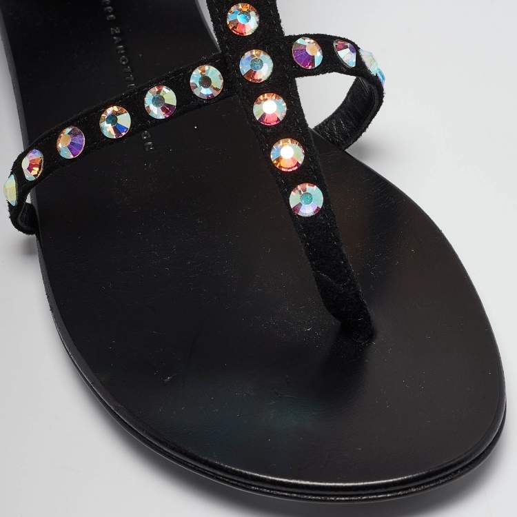 Pre Owned Giuseppe Zanotti Black Crystal Embellished Suede Thong Ankle Cuff Flat Sandals Size 40