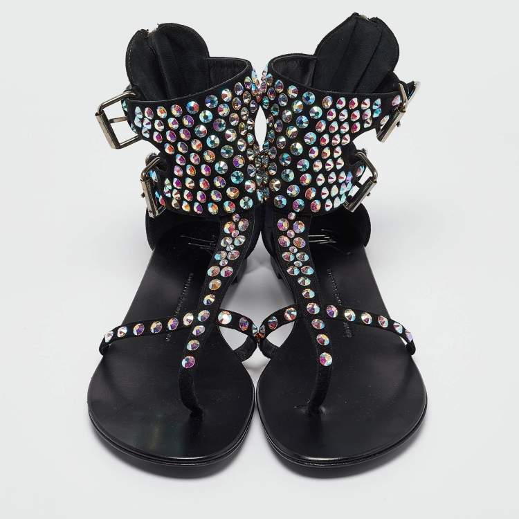 Pre Owned Giuseppe Zanotti Black Crystal Embellished Suede Thong Ankle Cuff Flat Sandals Size 40