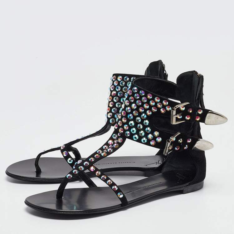 Pre Owned Giuseppe Zanotti Black Crystal Embellished Suede Thong Ankle Cuff Flat Sandals Size 40