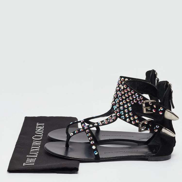 Pre Owned Giuseppe Zanotti Black Crystal Embellished Suede Thong Ankle Cuff Flat Sandals Size 40