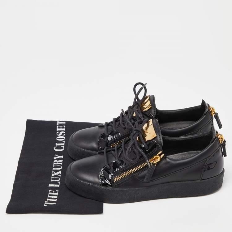 Pre Owned Giuseppe Zanotti Black Patent and Leather Frankie Low Top Sneakers Size 38.5