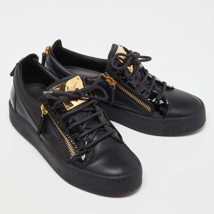 Pre Owned Giuseppe Zanotti Black Patent and Leather Frankie Low Top Sneakers Size 38.5