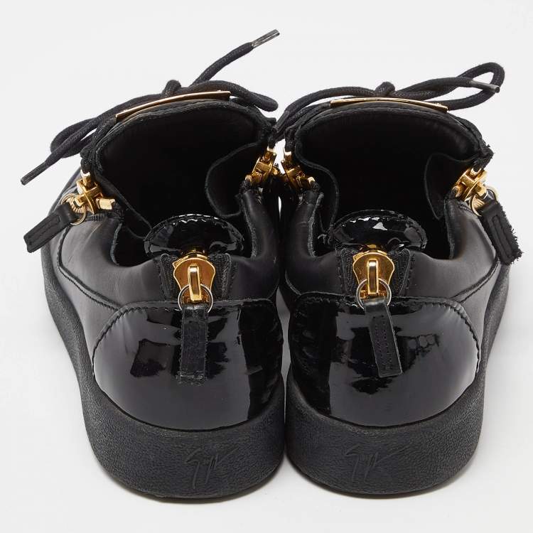 Pre Owned Giuseppe Zanotti Black Patent and Leather Frankie Low Top Sneakers Size 38.5