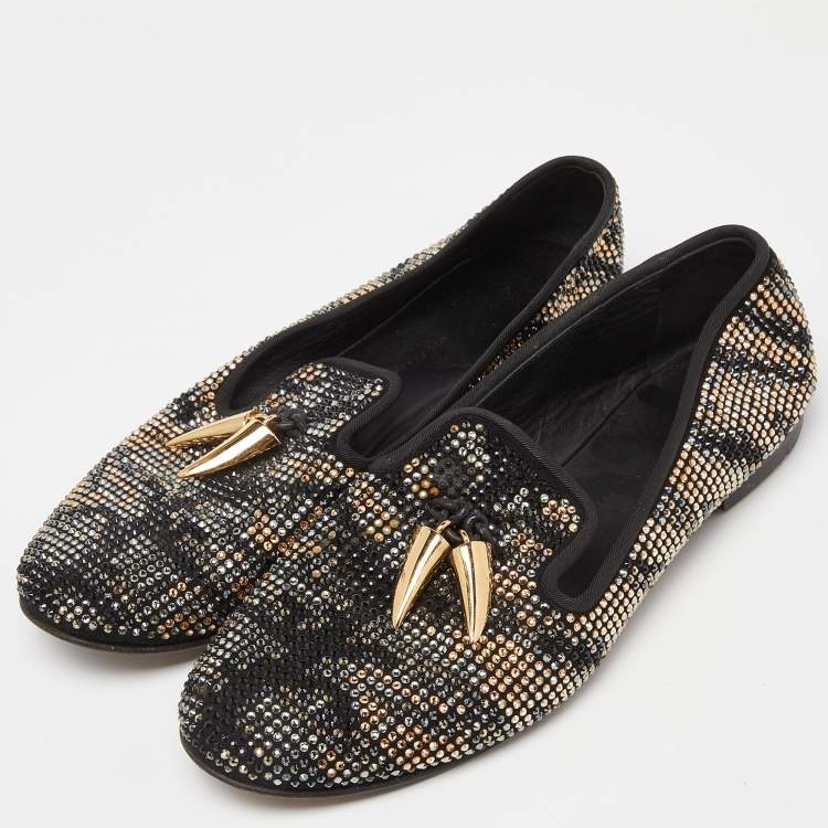 Pre Owned Giuseppe Zanotti Black Crystal Embellished Suede Shark Tooth Smoking Slippers Size 38.5