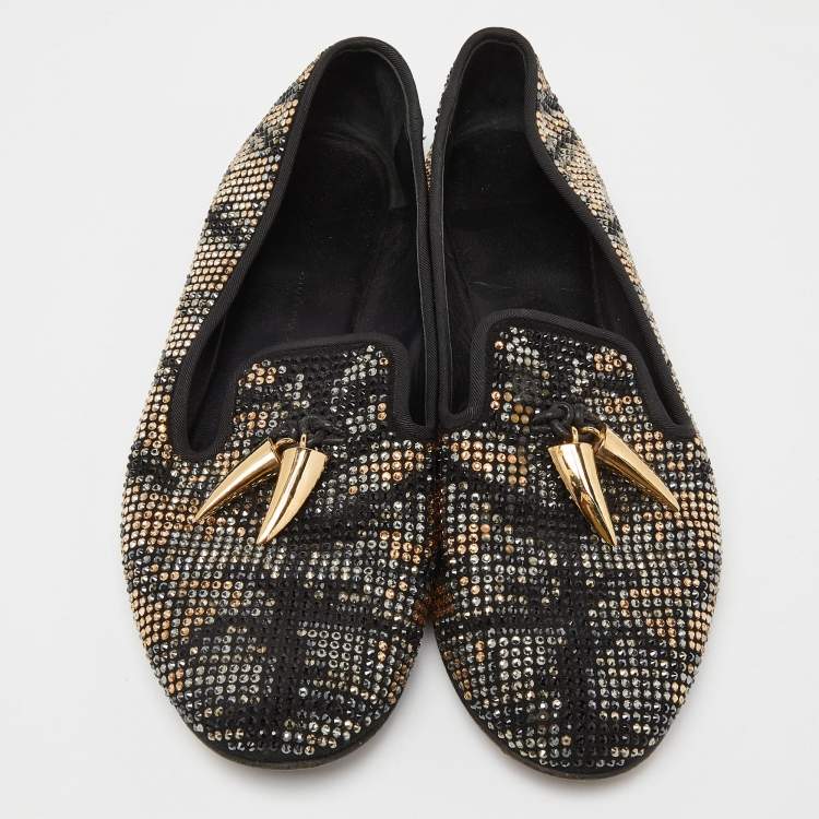 Pre Owned Giuseppe Zanotti Black Crystal Embellished Suede Shark Tooth Smoking Slippers Size 38.5